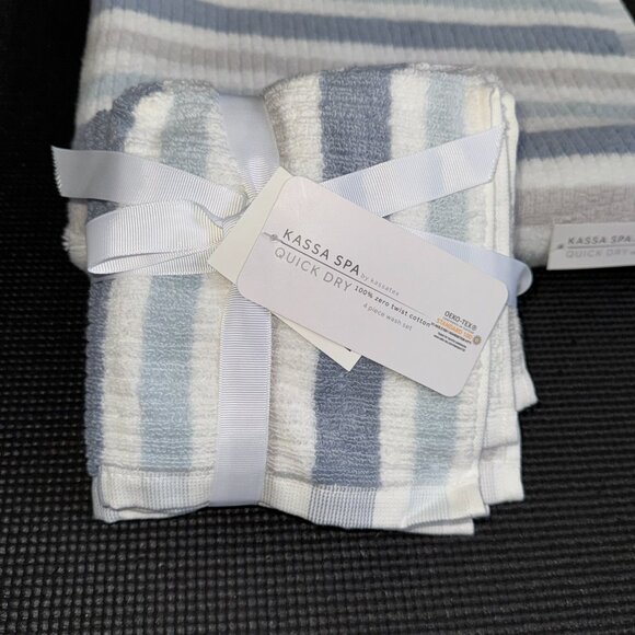 5pc Kassa Spa White Blue Striped Stripes Towels Washcloths Quick Dry 100% Cotton - Picture 7 of 7